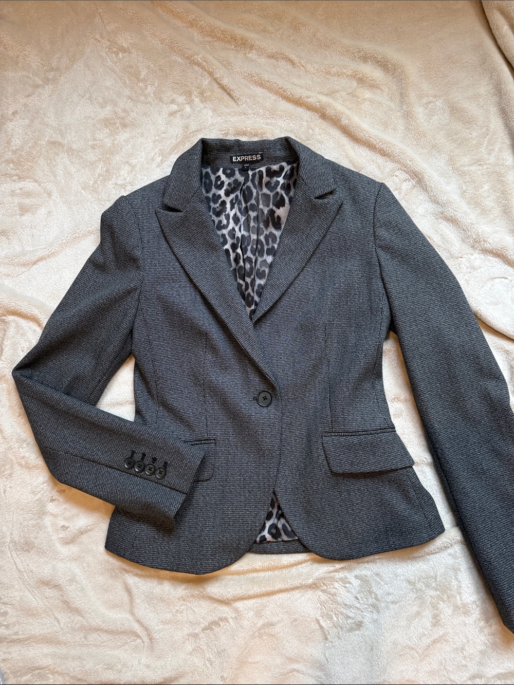 Express Women's Dark Gray Single-Button Blazer with Leopard Lining